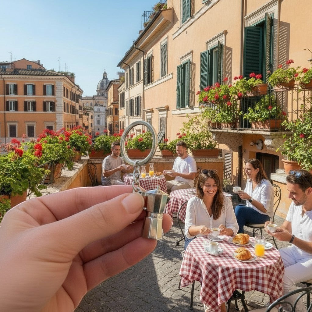 Il mio negozio polished chrome miniature 3D Moka pot keychain with split ring and chain.