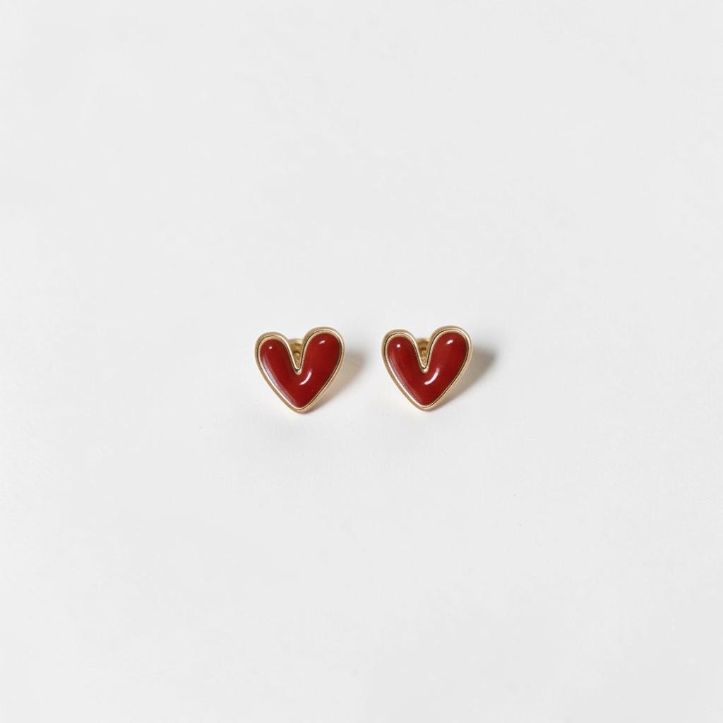 Il mio negozio Petit Amore deep crimson enamel heart stud earrings with gold-tone border, 1.3cm.