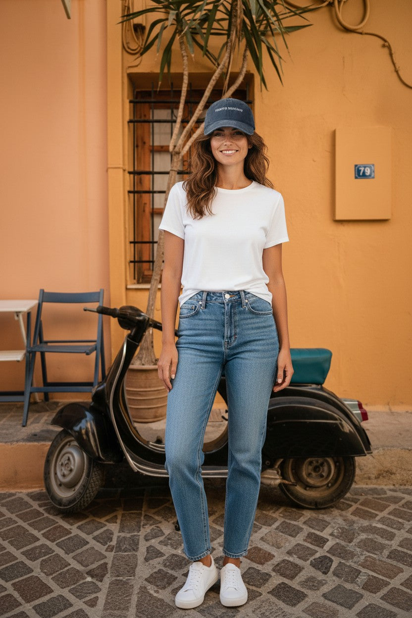 Il mio negozio navy blue cotton dad hat with "Troppo Romano" embroidered in white. Features a pre-curved brim and adjustable buckle.