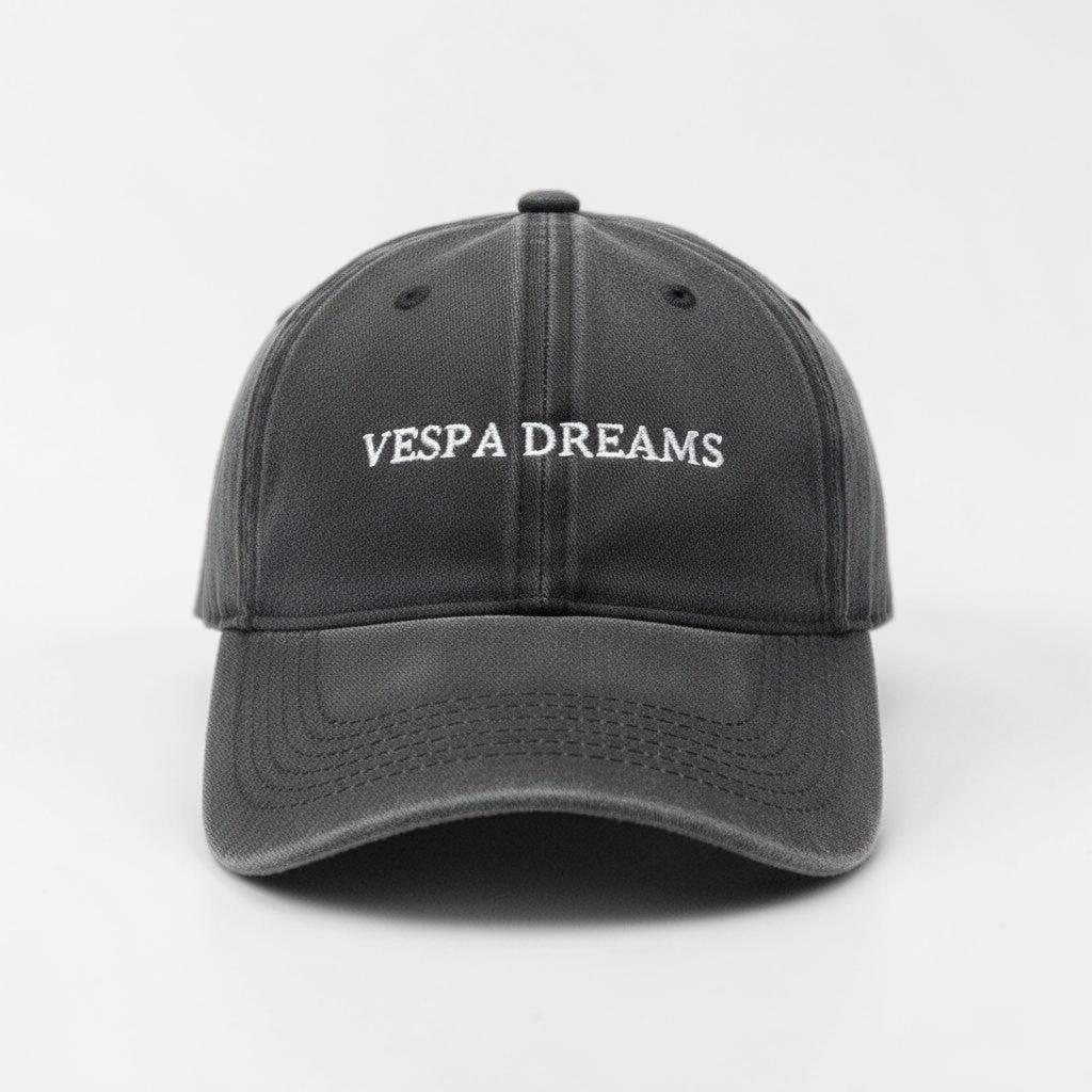 Il mio negozio dark grey washed cotton baseball cap with "VESPA DREAMS" embroidered in white. Vintage style.